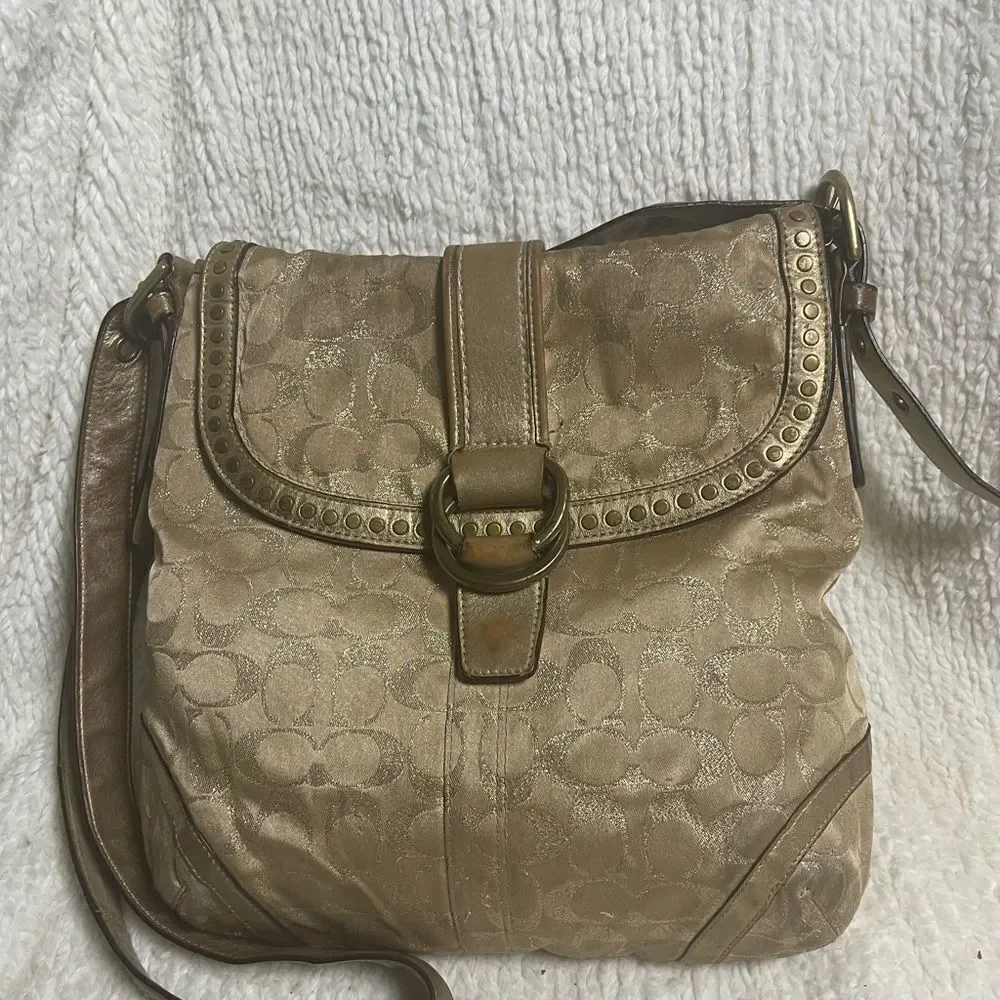 Coach Metallic Fabric Gold Signature Lured Studded Crossbody Bag  leather trims